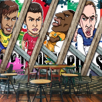 世界杯卡通足球墙纸壁纸酒吧主题餐厅娱乐场所背景墙壁画涂鸦个性