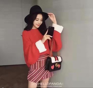 2016秋冬新款韩版拼色袖口宽松针织套头毛衣+半身裙两件套套装裙