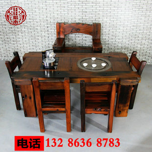 船木茶桌客厅老船木茶几圆形石磨户外船木茶台椅凳组合实木家具