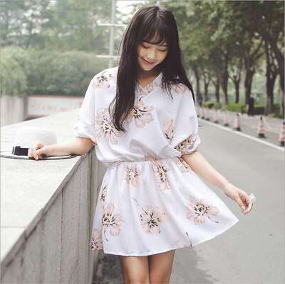 夏季新款女装韩版高腰镂空时尚花朵印花短袖雪纺连衣裙