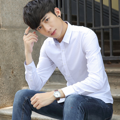 青少年夏季男士长袖衬衫男秋季韩版白色衬衣学生修身寸衫男装外套