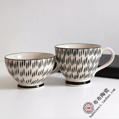 大容量咖啡杯情侣水杯大小号可入燕麦杯陶瓷杯黑色条纹简约风格