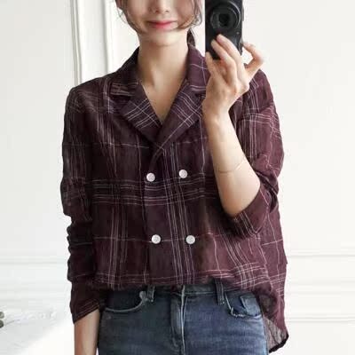 韩国东大门正品代购2016秋季新款女装双排西装格子衬衫显瘦外套