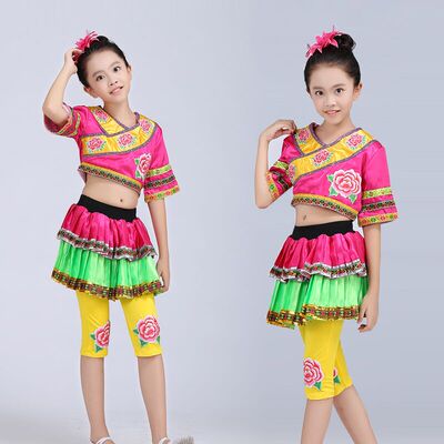 儿童少数民族服装女童苗族演出服百褶裙壮族瑶族侗族舞蹈服饰新款