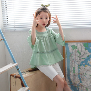 夏季韩国童装女童短袖t恤夏装中大童喇叭袖上衣小女孩棉麻娃娃衫