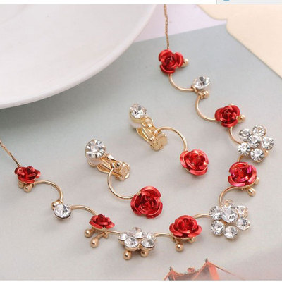 韩式结婚项链饰品新款简约新娘红色玫瑰花项链耳环套装生日项链