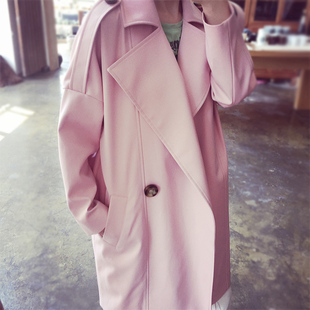 2016秋冬新款女装纯色中长款风衣女英伦宽松粉色学生时尚气质外套