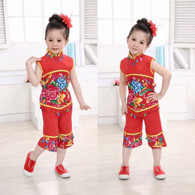 2016新款儿童秧歌服演出服女童舞蹈服喜庆民族花布开门红表演服装