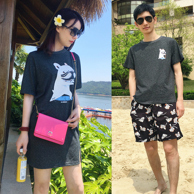 海边度假韩国沙滩情侣装夏装连衣裙 大码宽松韩版短袖T恤女裙子潮