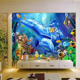 大型壁画客厅主题沙发电视背景墙纸海底世界海豚娱乐场所儿童房间
