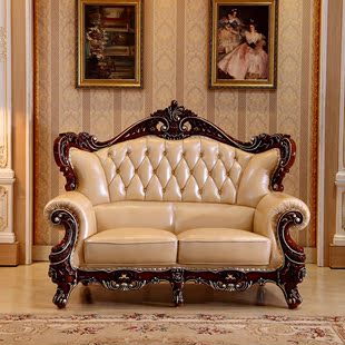 欧式真皮沙发组合123 别墅客厅高档美式沙发实木雕刻进口头层牛皮