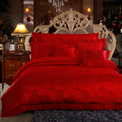 婚庆贡缎提花多件套婚床上用品大红色七八十件套绣花绗绣夹棉套件