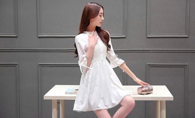毛菇小象 甜美少女小清新蕾丝中袖连衣裙 夏季韩版仙女可爱白色裙