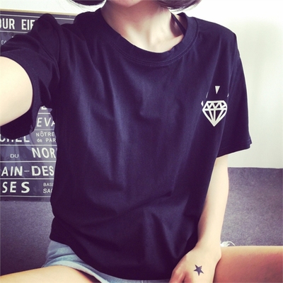 2016夏季新款韩版女装砖石字母印花上衣宽松显瘦纯棉短袖女T恤潮