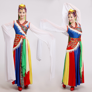 水袖练功服女藏族舞蹈演出服装长款西藏大摆裙广场舞少数民族表演