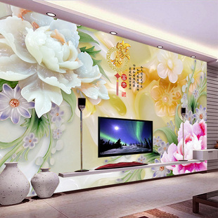 定制中式壁画客厅卧室电视背景墙3d立体墙纸现代大型无缝牡丹包邮