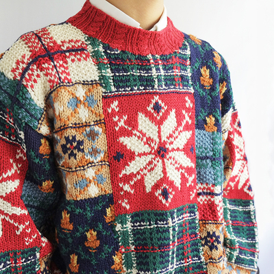 Vintage北欧冰岛费尔岛雪花圣诞系列 彩色拼色 雪柄纯羊毛衣lopi
