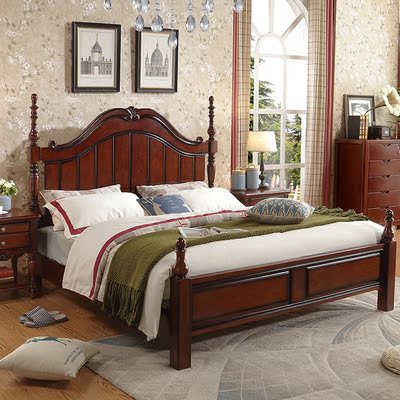 美式全实木床 高箱双人床1.5米 1.8米卧室床 大床婚床 复古家具