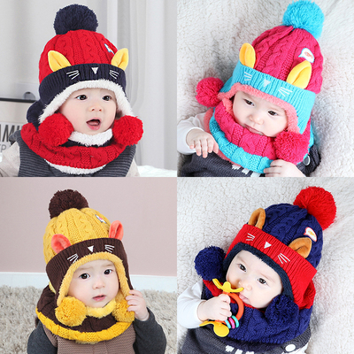 韩国宝宝帽子围脖套装 男女儿童猫咪加绒护耳帽秋冬围巾两件套潮
