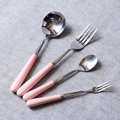 糖果色陶瓷手柄叉勺  创意水果叉西餐勺子叉子不锈钢水果签甜品叉