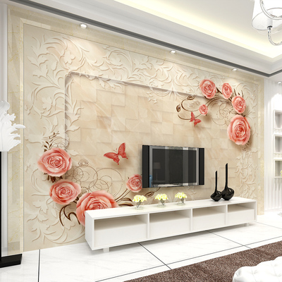 3D立体复古玫瑰花大型壁纸客厅电视背景无纺布墙纸中欧式无缝墙布