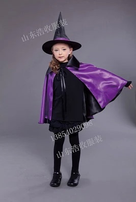 万圣节服装儿童巫婆紫色网纱精灵服装巫婆衣服披风带帽披风女巫