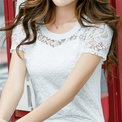 夏季新款韩版女士显瘦花朵短袖蕾丝打底衫镂空上衣圆领大码雪纺衫