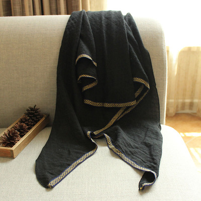 秋冬新款韩版女士黑色棉麻围巾织带纯色保暖文艺长款米白色三角巾
