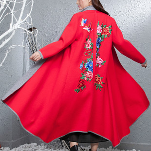 一一民族2016秋冬新款中国风毛织牡丹刺绣长袖不规则大摆开衫