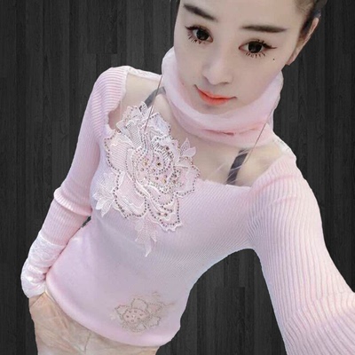 秋冬蕾丝镂空高领百搭修身打底个性毛衣女套头学生秋季韩版针织衫