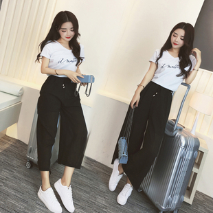 2016韩版新款女套装夏季学生修身短袖T恤+宽松阔腿裤时尚两件套潮