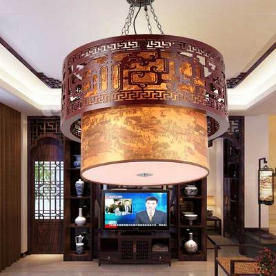 现代中式大厅吊灯实木羊皮古典仿古餐厅客厅茶楼楼梯中国风圆形灯