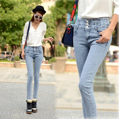 2016年秋季女浅色中高腰牛仔长裤18-24周岁大学生做旧韩版铅笔裤