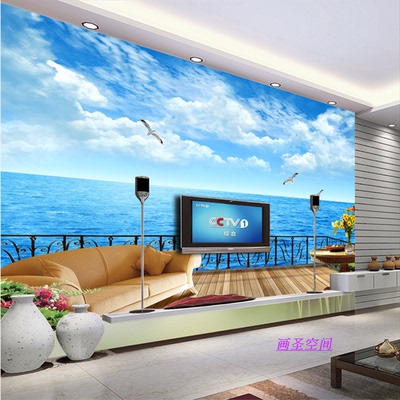 立体墙纸 大型壁画地中海卧室客厅电视背景影视墙壁纸3D海景海鸥