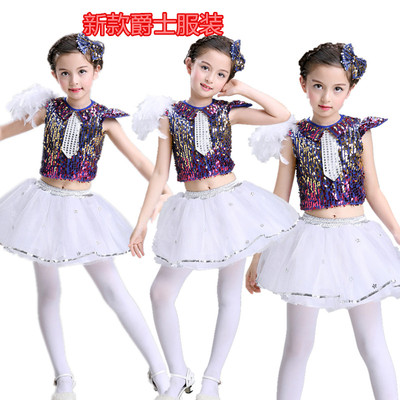 韩版儿童爵士舞表演服现代舞蹈演出服亮片女短款蓬蓬纱裙