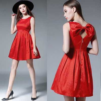 2016夏季新款欧美女装露背蝴蝶结时尚显瘦无袖红色礼服裙连衣裙