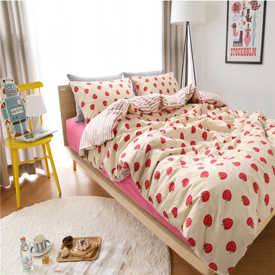 小草莓纯色条纹可爱被套床单三件套床上用品纯棉 四件套全棉床笠