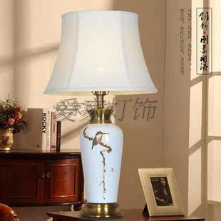 新款现代新中式创意全铜彩绘花鸟美式陶瓷台灯客厅书房卧室床头灯