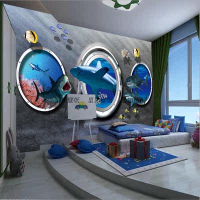 3D卡通海底世界主题壁画儿童房KTV餐厅包厢墙纸鲨鱼游艇海洋壁纸