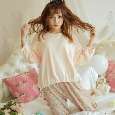 【天天特价】韩国秋季睡衣长袖纯棉大码中长款睡衣女士家居服套装