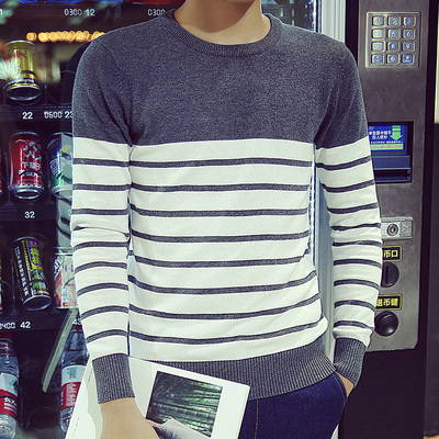 2016秋季男子休闲韩版长袖t恤棉针织衫修身圆领条纹衫青少年潮