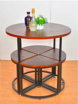 美式铁艺简约现代实木餐桌复古餐桌椅组合小户型简易圆桌一桌四椅