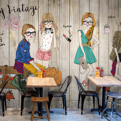 现代时尚芭比女孩涂鸦壁画服装店个性背景墙壁纸饰品店3d欧式墙纸