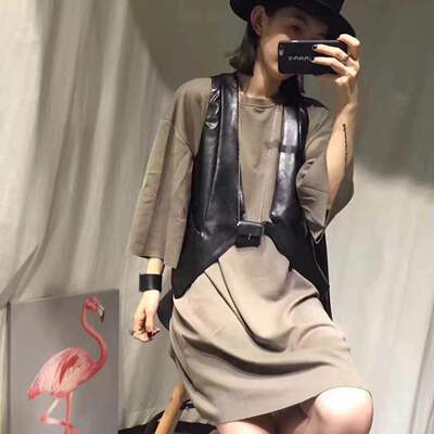两件套2016女韩版气质皮马甲背心配中长款光板宽松显瘦T棉连衣裙