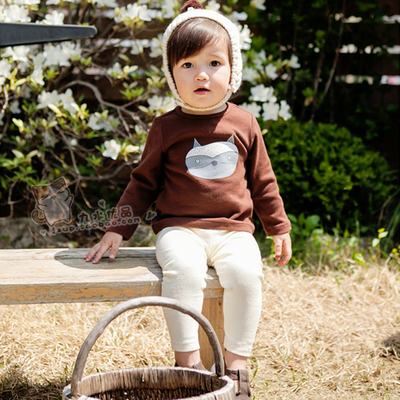 韩国bebezoo 卡通棕色纯棉长袖T恤咖啡色外出服可爱圆领童上衣
