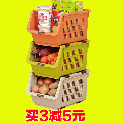 日本进口厨房水果蔬菜置物架层架可叠加带轮塑料果蔬收纳筐收纳篮