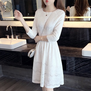 韩版时尚2016新款潮秋季纯色长袖镂空蕾丝连衣裙气质中长款裙子女