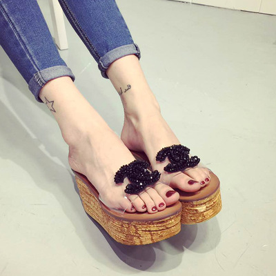 2015夏新款仿木厚底坡跟拖鞋欧美水钻一字拖凉鞋女士透明高跟凉拖