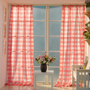 田园橘粉色格子窗帘 玫瑰半遮光布客厅卧室定制棉纱成品窗帘特价
