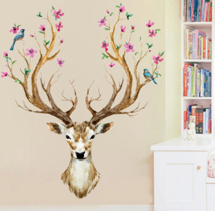 个性手绘梅花鹿头墙壁贴画  卧室床头客厅寝室欧式时尚动物墙贴纸